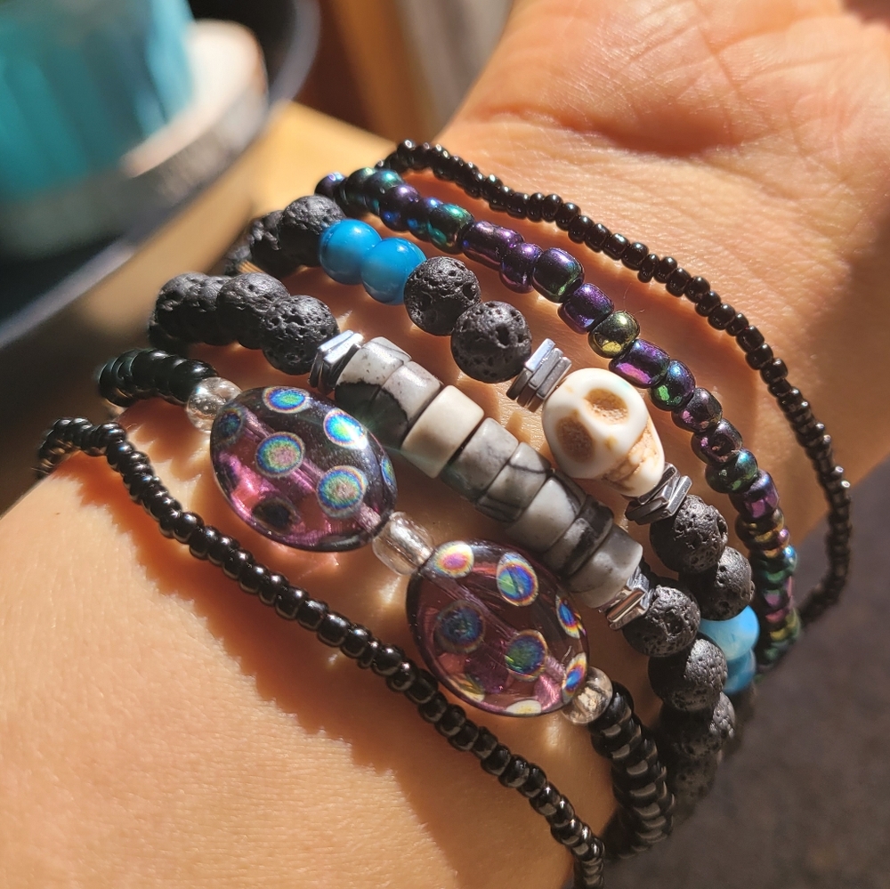 ×6 Hematite Skull Halloween Crystal Glass Lava Bead Bracelet Set